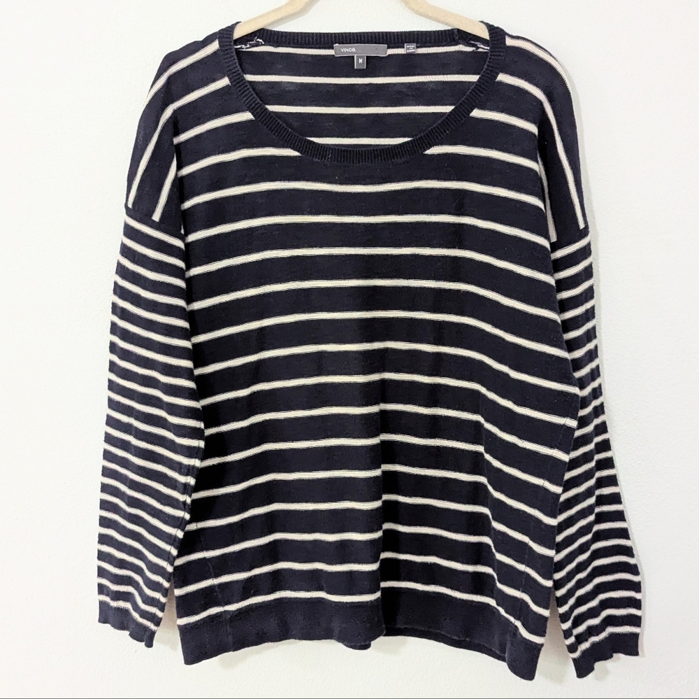 Vince Cotton Striped Drop Shoulder Sweater Knit Lightweight Blue Beige Medium M
